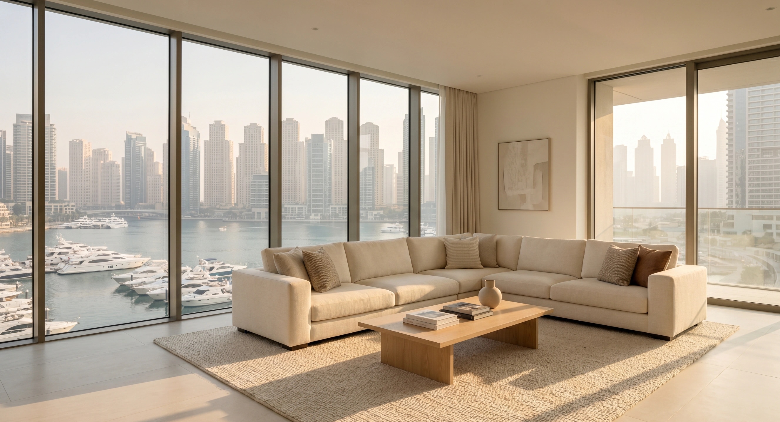 Two-bedroom apartment in Dubai Marina with marina-view balcony, beige sectional sofa and floor-to-ceiling windows facing the marina skyline